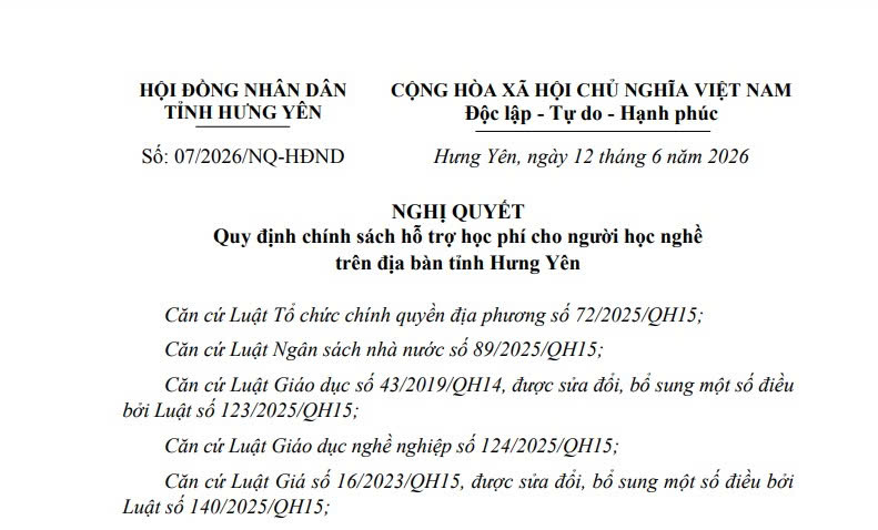 Hưng Yên hỗ trợ học phí cho người học nghề đến hết năm 2027