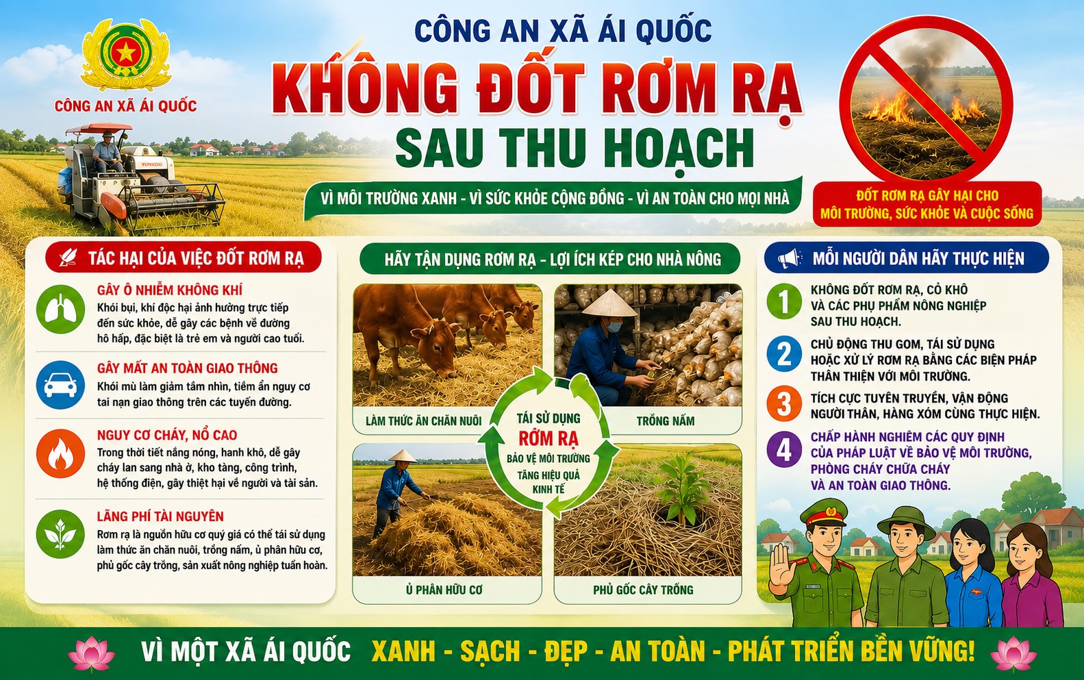 Công an xã Ái Quốc vận động Nhân dân không đốt rơm rạ sau thu hoạch, chung tay bảo vệ môi trường và bảo đảm an toàn giao thông