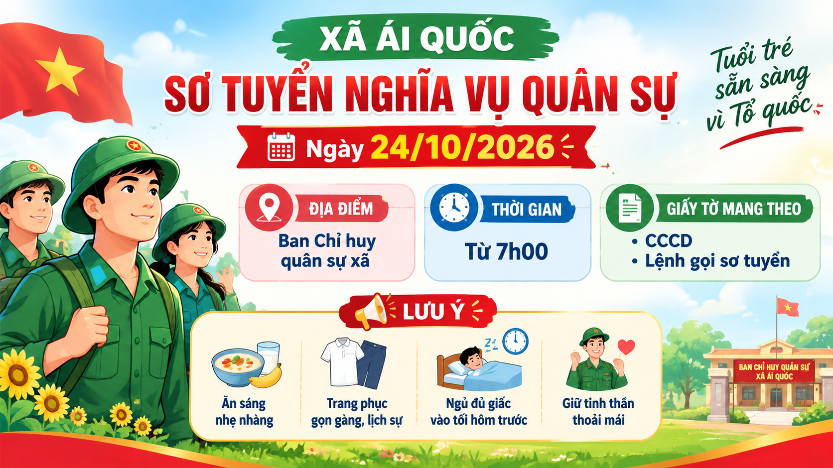 Ngày 24/10/2026 thực hiện sơ tuyển nghĩa vụ quân sự năm 2027